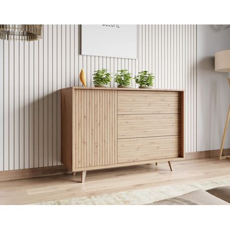 Bestmobilier – Buffet scandinave effet bois 120 cm – 3 tiroirs et 1 porte – Système d'ouverture push – Résistant à l'humidité et aux rayures (1/5)