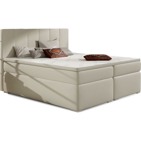 Lit continental simili cuir beige clair avec matelas et surmatelas Louna-180x200 (1/5)