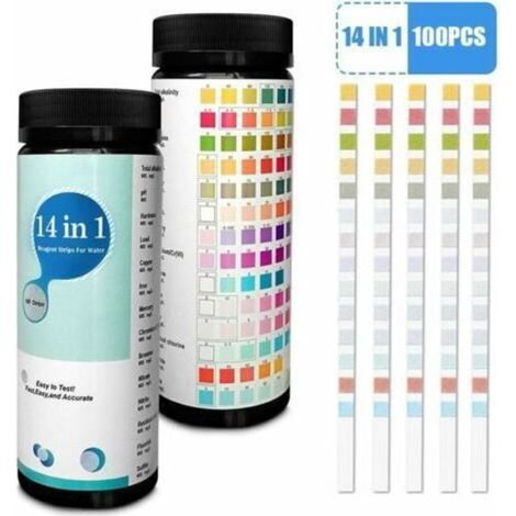 Lot de 100 bandelettes de test 14 en 1 pour l'eau potable et l'eau du robinet, détection facile et rapide de la dureté, pH, taux de brome, nitrate et plus encore (1/5)