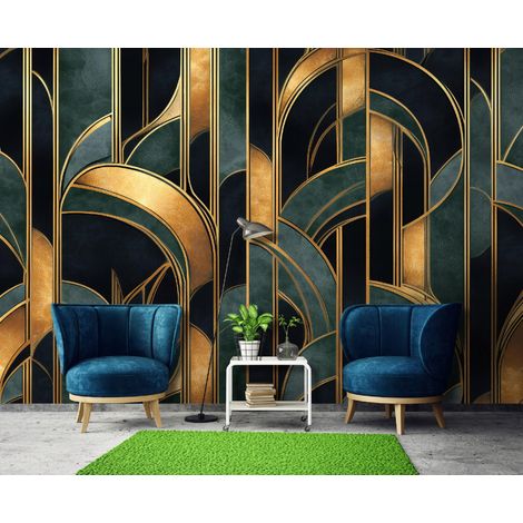 Fototapete Kunst Deco Gold, für Wohnzimmer und Schlafzimmer, 350 x 250 cm – Komplettset inkl. Kleister & Anleitung