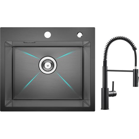 Cecipa Lavello Inox antracite Lavello 1 Vasca 50×45 cm Lavello Cucina + Miscelatore Cucina Spring con Doccetta Estraibile, Rubinetto Lavello 2 Modalità Uscita Acqua, Nero (1/5)