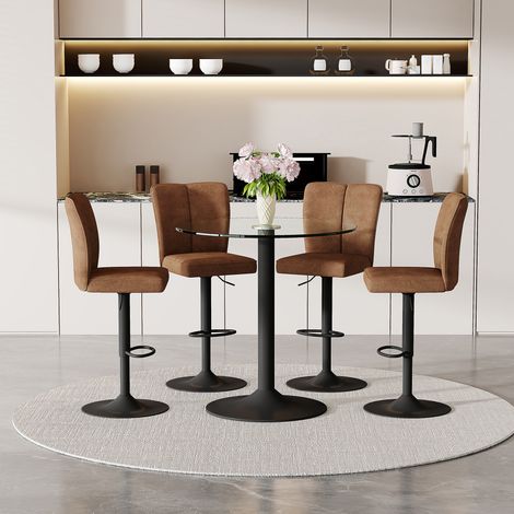 Ensemble de bar flexible: table en verre de 89 cm + 4 tabourets de bar pivotants en tissu technique marron. Structure métallique noire, avec repose-pieds confortable. Le choix idéal pour votre bar à d