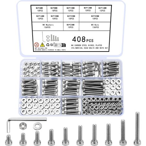 408 Pièces Kit Vis et écrous M4, Acier carbone plaqué nickel, Tête hexagonale creuse, Pour meubles vélos électronique (1/5)