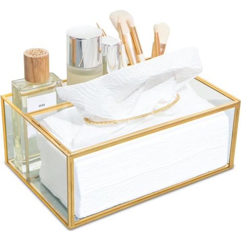 Caja de pañuelos rectangular de cristal con acabado dorado – para baño, cocina, oficina, dormitorio