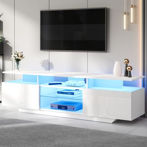 Mueble TV 160x40x45 cm, para TV de 70 pulgadas, con 2 armarios, LED por app, MDF blanco (1/5)