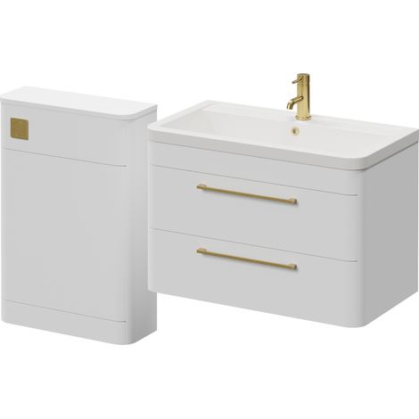 Oslo Gloss White 1350mm Wall Mounted Vanity Unit Toilet Suite with Anya Basin - 1350mm - Brushed Brass 320mm HandleWithout Jubilee Toilet Pan