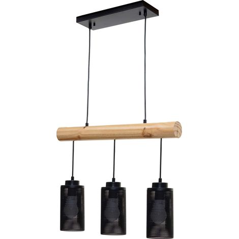 Pendelleuchte HHG-207, Hängelampe Hängeleuchte, Industrial Vintage Massiv-Holz Metall schwarz 3 Rohrlampenschirme (1/5)