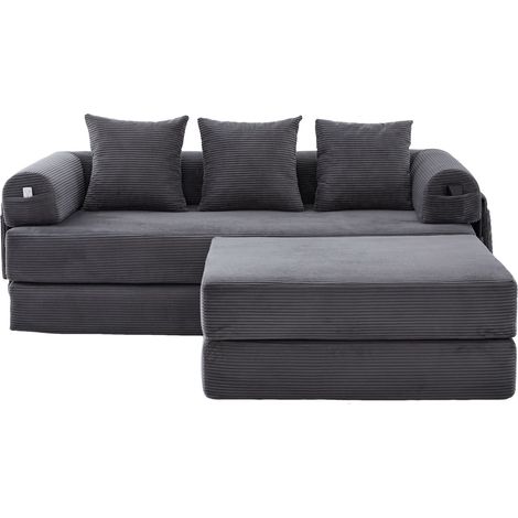 Divano modulare in velluto a coste con pouf, 3 cuscini e tasca laterale grigio scuro (1/5)