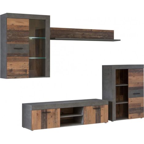 Meuble TV paroi murale 4 éléments bois et béton gris foncé – 2 étagères en verre trempé – Dimensions 288,6 x 192,5 x 41 cm – Meubletmoi (1/5)