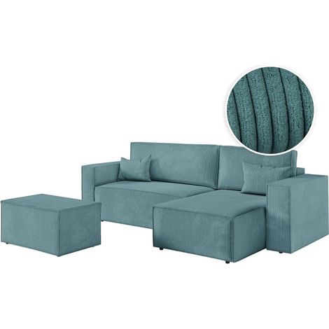 PACK - CLARISSE - Canapé d'angle convertible réversible avec pouf en velours côtelé - Bleu clair (1/5)