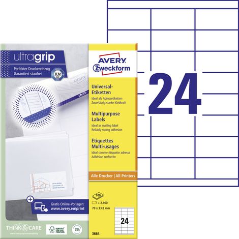 Universaletikett ultragrip 70 x 33,8 mm (B x H) nicht wieder ablösbar Papier weiß 2.400 Etik./Pack. (1/5)