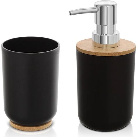 Set accessori bagno dispenser e portaspazzolini da appoggio nero abs e bambù Surf (1/5)