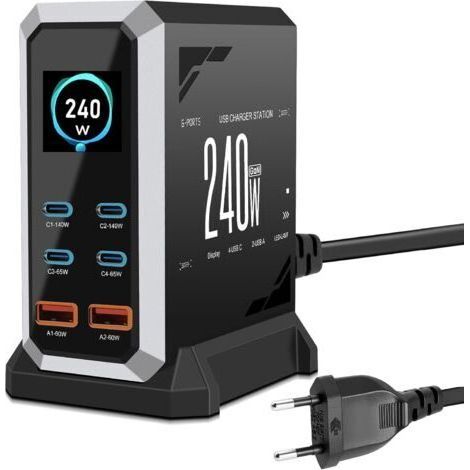 Chargeur USB C 240 W avec 6 ports, GaN 3 USB Chargeur rapide multiple avec 4 ports USB-C et 2 ports USB-A, PD140 W, 65 W, 60 W Power Delivery Station de charge USBC pour MacBook Pro/Air, iPhone, iPad