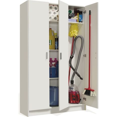 Pegane – Armoire rangement 3 portes en mélamine blanche – Dimensions H180 x L108,8 x P37 cm – 4 étagères pour rangement nettoyage (1/3)