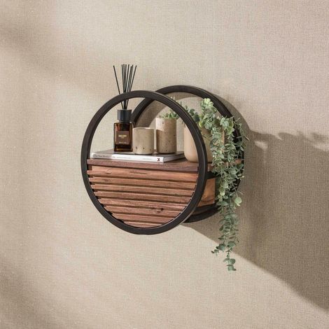 Etagère murale ronde bois d'acacia foncé 1 tiroir Ø40 cm NAKO (1/5)