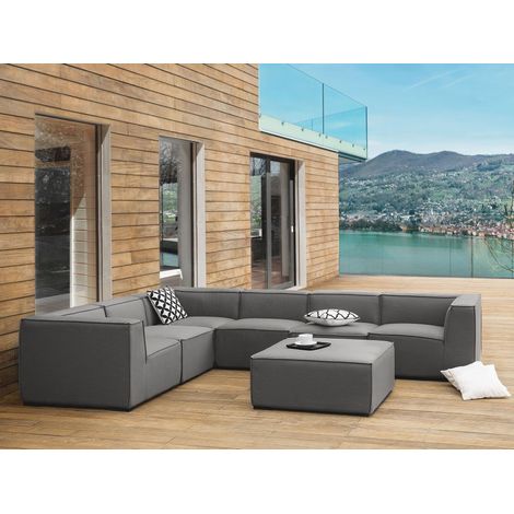Sofá esquinero 7 plazas modular de poliéster gris oscuro negro derecho con reposapiés Arezzo (1/5)