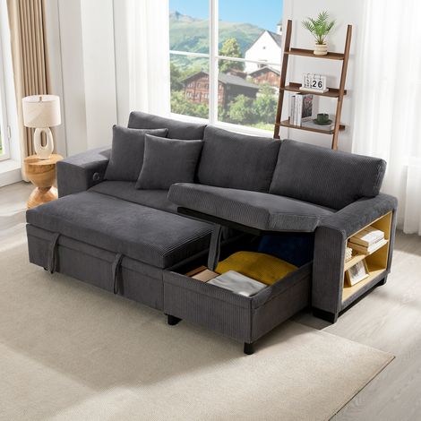 Canapé d'angle convertible 3 places avec coussins, canapé de salon en L avec rangement + port USB, velours côtelé, gris (1/5)