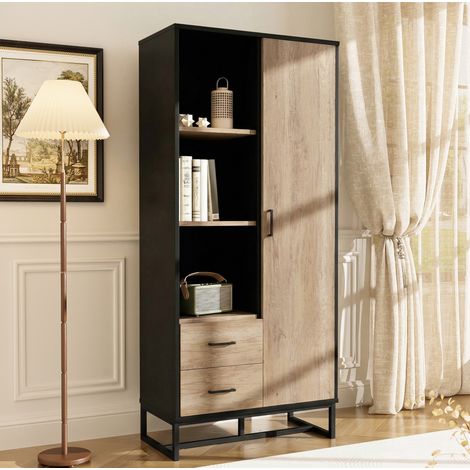 REDOM Aparador alto 80x40x180 cm, con 1 puerta, 2 cajones y 3 huecos, MDF negro y color madera (1/5)