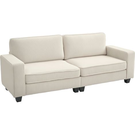 Dreisitzer-Sofa mit Kordelbezug, Wohnzimmersofa mit Federkern, bis 400 kg belastbar, 227 x 84 x 87 cm, cremeweiß