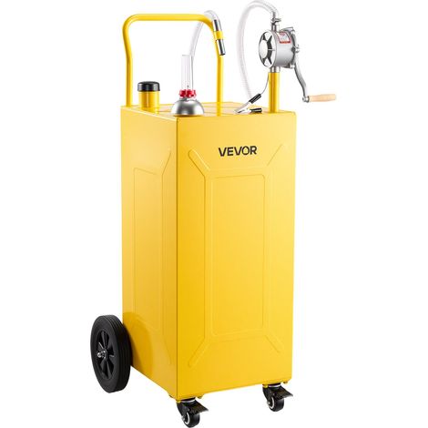 Chariot Carburant 132,5 L Réservoir à Carburant Mobile Pompe Manuelle, Réservoir en Acier au Carbone, avec 4 Roues et Tuyau, pour Essence et Diesel, Voiture, Quad, Tondeuse, Moto, Bateau, Jaune (1/5)