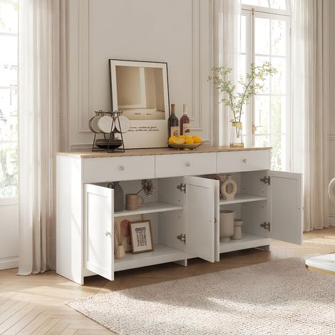 Buffet en Bois Blanc avec 4 portes et 3 tiroirs, Buffet Bas Moderne avec étagères réglables, Armoire de rangement pour Salon Chambre Cuisine, 160x37x75 cm (1/5)