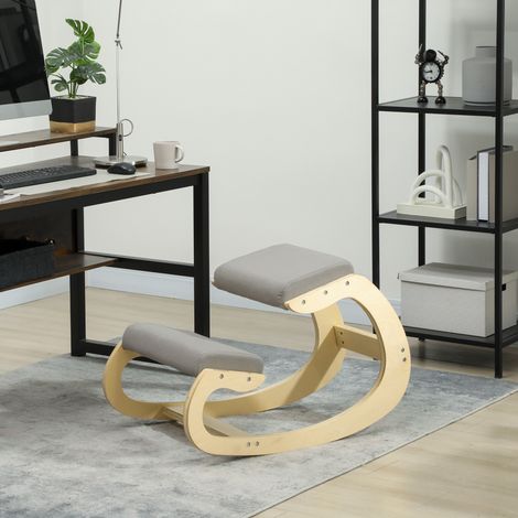 Ergonomischer Kniestuhl mit Wippfunktion, moderner Stuhl in Leinenoptik und Birkenholz, 55 x 85 x 55 cm, Hellgrau