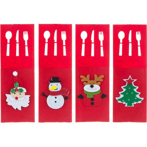 Sacs de Noël, lot de 4 pcs : support à couverts pour cuisine, argenterie et vaisselle en forme de sapin de Noël, Père Noël et bonhomme de neige, sac à couverts. Décoration de table de dîner (1/5)