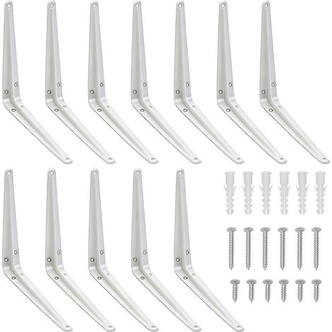 12 Pack 10 x 12 pouces White Heavy Duty Supports d'étagère, Support d'étagère flottant, Support d'angle de support L, Supports d'angle de joint métallique avec vis et ancres Kit pour étagères (1/5)