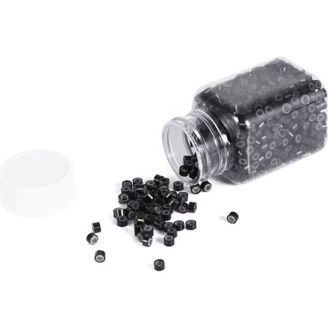 1000 anneaux et perles en silicone par flacon pour extensions de cheveux humains en plumes (1000 pièces noires) (1/3)
