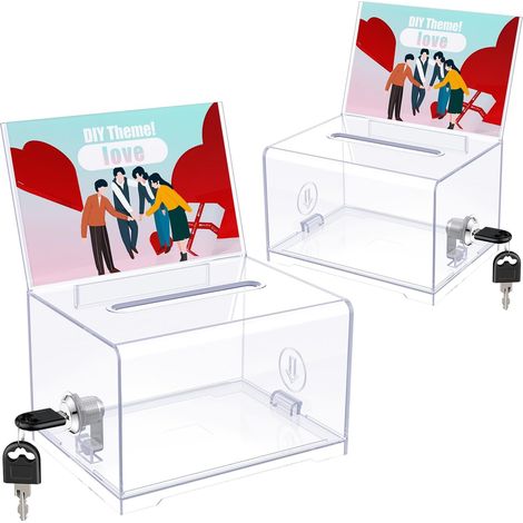 Lot de 2 boîtes de dons en acrylique avec serrure et support de panneau transparent avec fente en plastique pour collecte de fonds, vote, collection de conseils caritatifs (1/5)