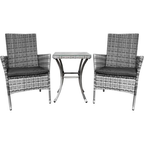 Set Mobilier Bistro Luxe 3 Pièces Rotin Table Verre Trempé 2 Chaises Confortable Terrasse Jardin Salon de Jardin Gris Clair Bistrot Set Parisien - Terrasse Patio Jardin Aménagement Extérieur (1/5)
