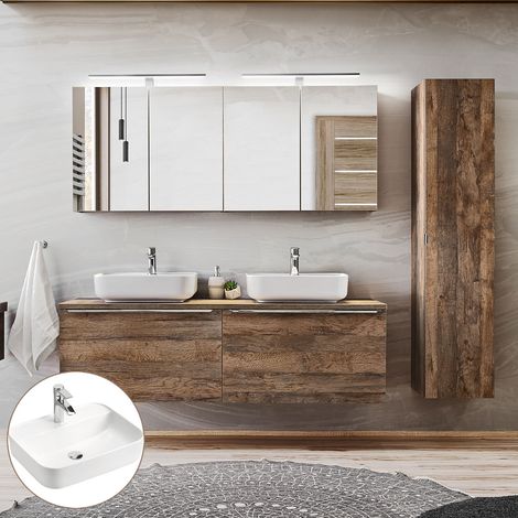 Badmöbel Komplett-Set in Vintage Oak Eiche PUEBLA-56 Doppel-Waschtisch mit 2 Keramik-Waschbecken, 2 LED-Spiegelschränke & Hochschrank B/H/T 215/200/46 cm (1/5)