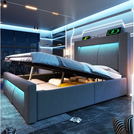 Bett Einzelbett Stauraum 90x200 Samt LED Grau OKMYHOME (1/5)