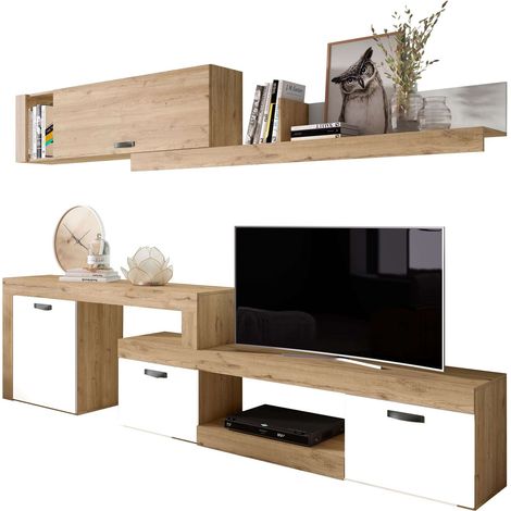 Mueble Salón Modular Rinconero Conjunto Completo Mueble TV Argos 4 Módulos Blanco Mate y Roble Naturale 293x200x40 cm (1/5)