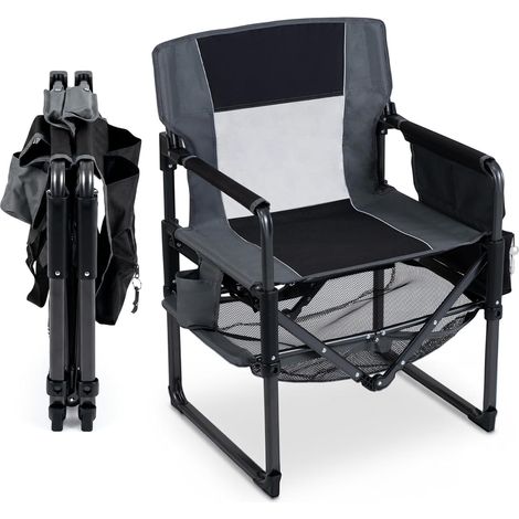 Chaise Pliante Camping, Porte-gobelet, Étagère en Maille (Noir,1) Chaise Pêche, Fauteuil Pliant Pique-nique Voyage, Charge 150 kg, 69 x 55 x 90 cm (1/5)