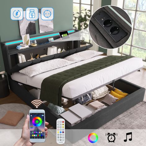 Cama doble tapizada con función de carga USB, cabecero con espacio de almacenamiento e iluminación LED, cama doble de 140x200cm, estructura de cama con almacenamiento, base de láminas de madera, color (1/5)