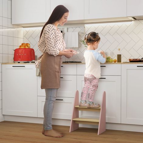 Taburete para Niños de 2 Peldaños Torre de Aprendizaje para Niños de +3 Años para Baño Cocina Librería Dormitorio Rosa (1/5)