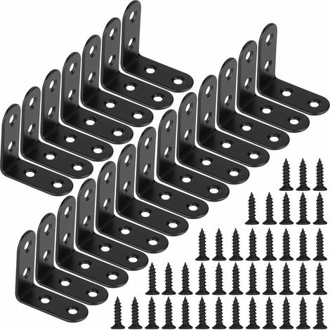 Soportes de fijación metálicos en forma de L en ángulo recto negros con tornillos para soporte de gabinete de muebles de madera (20 piezas, 40 x 40 x 18 mm) (1/4)