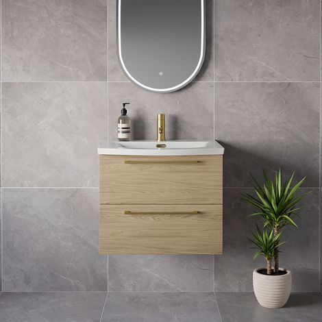 Napoli 390 Light Oak 600mm Wall Mounted 2 Drawer Vanity Unit with Arc Basin - 600mm - Brushed Brass 320mm Handle
