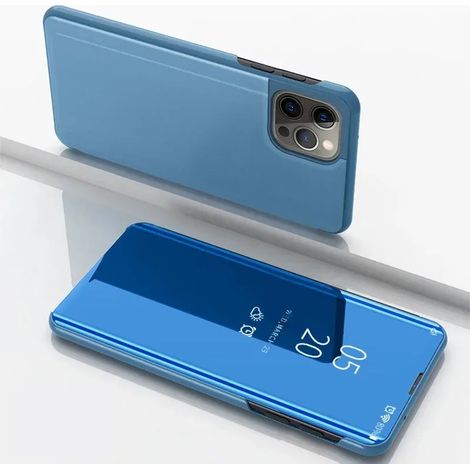 Étui pour iPhone 12 bleu, étui à rabat avec miroir intelligent, support en cuir plaqué, coque arrière antichoc (1/5)