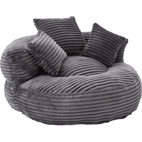 Pouf en velours côtelé à dossier haut et 3 coussins - Confortable et inclinable, pour adultes et enfants, idéal fauteuil de jeu 108x108x52cm - Gris foncé