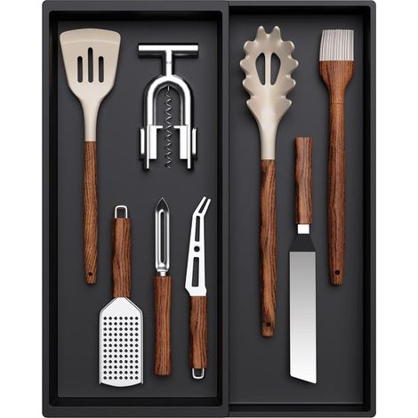 Erweiterbarer Besteckkasten mit 1 bis 2 Fächern für Schubladen, Küchenorganizer aus Kunststoff, Schubladeneinteiler für Löffel, Gabeln und Messer, Schwarz (1/5)