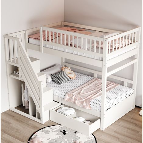 Letto a castello in legno massello bianco 90x200 cm con contenitore integrato e rete a doghe inclusa. (1/5)