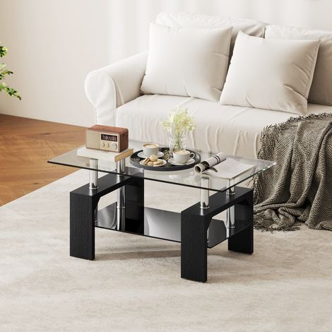 Noir - Table basse moderne à 2 niveaux avec table en verre trempé, canapé en bois et acier, table basse pour le salon, 90x50x42 cm (1/5)