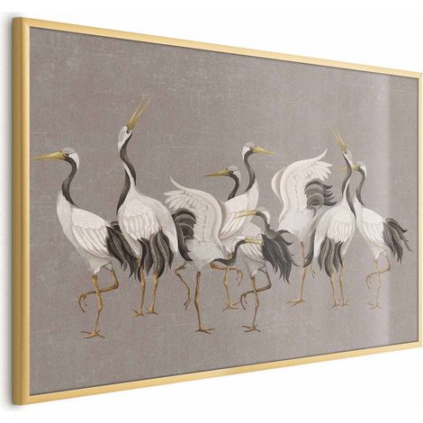 Poster – Tanz der Kraniche – leuchtende Vogelsilhouetten auf warmgrauem, strukturiertem Hintergrund (1/4)