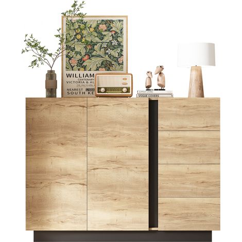 ELVMI Madia con 2 Ante e 4 Cassetti, Apertura a Pressione, per Soggiorno e Sala da Pranzo, in Pannelli di Particelle, 120 × 35.5 × 90.5 cm, Nero e Naturale (1/5)