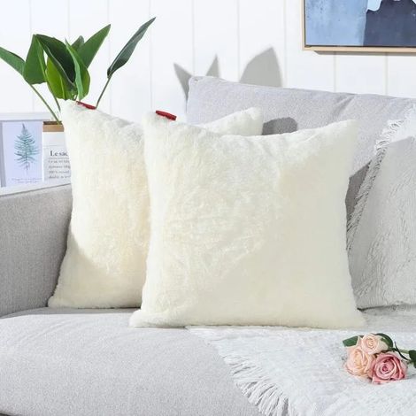 Lot de 2 Housses de Coussin en Fausse Fourrure Jaune Crème 50x50cm Taie d'oreiller Douces Moelleuse et Parfaites pour Décorer (1/4)