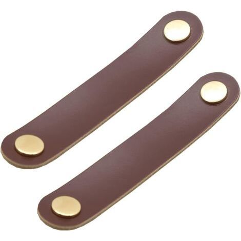 Set of 2 Brass and Dark Brown Leather Cabinet Door Handles, Length 130mm, with Screws, Suitable for Wardrobes and Kitchens (1/5)