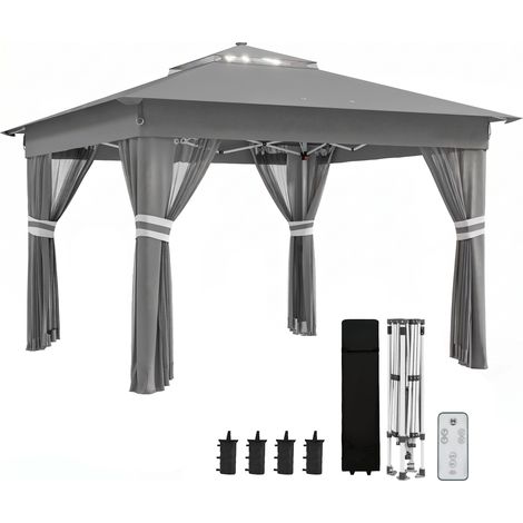 Gazebo da Giardino ad Altezza Regolabile con Luci LED, in Acciaio e tessuto Oxford, 336x336x250-270 cm, Grigio (1/5)