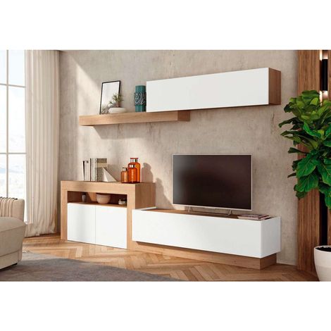 Composición de salón Max blanco y bambú. 260 cm de ancho. Se sirve montado.